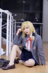 blazer blonde_hair blouse bookbag cosplay gekkan_shoujo_nozaki-kun hyuuga pantyhose pleated_skirt ponytail school_uniform sheer_legwear skirt yuzuki_seo rating:Safe score:1 user:nil!