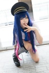 ankle_boots blouse blue_eyes cosplay handcuffs hiyoki kneehighs multi-colored_hair panty_&_stocking_with_garterbelt police_hat police_uniform policewoman shorts stocking_(psg) striped suspenders tie rating:Safe score:1 user:pixymisa