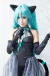 animal_ears aqua_eyes aqua_hair blouse cat_ears cosplay elbow_gloves gloves half-skirt hatsune_miku microphone ribbon_tie rubia shorts tail twintails vocaloid rating:Safe score:1 user:pixymisa