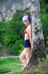 ayane_(doa) bikini_top cosplay dead_or_alive denim headband purple_hair shorts swimsuit tachibana_minami rating:Safe score:0 user:nil!