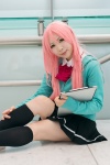 blouse bowtie clipboard cosplay emo kneesocks kuroko_no_basuke momoi_satsuki pink_hair pleated_skirt skirt sweater rating:Safe score:0 user:pixymisa