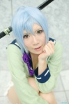 blue_hair cleavage cosplay croptop gotou_matabei_(samurai_girls) hyakka_ryouran_samurai_girls natsu pantyhose ponytail shorts wakizashi rating:Safe score:1 user:nil!