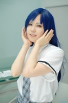 blouse blue_hair cosplay idolmaster kisaragi_chihaya minazuki_syoun pleated_skirt school_uniform skirt tie rating:Safe score:0 user:pixymisa