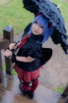 blouse blue_hair bonnet bow cosplay croptop lenfried miniskirt rain remilia_scarlet skirt tail_plug thighhighs touhou umbrella wings rating:Questionable score:2 user:nil!