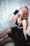 cleavage cosplay dress fingerless_gloves gloves headset ibara magnet_(vocaloid) megurine_luka pantyhose pink_hair vocaloid rating:Safe score:3 user:nil!