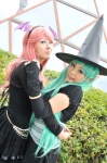 aqua_hair blouse cosplay detached_sleeves dress hairband hatsune_miku itsuki_(model) megurine_luka pink_hair tagme_song tenko twintails vocaloid witch_hat rating:Safe score:0 user:nil!