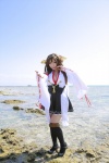 beach black_legwear cleavage cosplay detached_sleeves hairband kantai_collection kimono kongou_(kantai_collection) ocean pleated_skirt saku skirt thighhighs zettai_ryouiki rating:Safe score:0 user:nil!