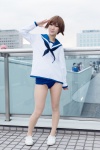 blouse cosplay minami_(iii) miyafuji_yoshika pantyhose sailor_uniform scarf school_uniform sheer_legwear strike_witches swimsuit rating:Safe score:1 user:pixymisa