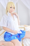 ayase_eli barefoot bed blonde_hair blouse cosplay haruka love_live!_school_idol_project love_m@ster pleated_skirt ponytail school_uniform skirt rating:Safe score:0 user:nil!