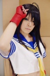 blue_hair cosplay croptop fingerless_gloves gloves ikkitousen kanu_unchou midriff ryuuna sailor_uniform school_uniform rating:Safe score:0 user:nil!