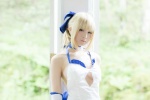 ahoge blonde_hair choker cleavage cosplay dress elbow_gloves fate/series fate/stay_night forest_(photoset) gloves hairbow saber usakichi rating:Safe score:3 user:nil!