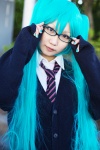 aqua_hair blouse cardigan cosplay glasses hatsune_miku nyai tie twintails vocaloid rating:Safe score:0 user:pixymisa