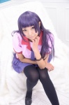 bakemonogatari blouse cosplay necoco pleated_skirt purple_hair school_uniform senjougahara_hitagi skirt thighhighs tie rating:Safe score:0 user:pixymisa