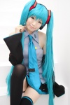 aqua_hair blouse cosplay detached_sleeves hatsune_miku headset mashiro_yuki pleated_skirt skirt thighhighs tie twintails vocaloid zettai_ryouiki rating:Safe score:3 user:nil!