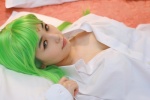 bed cc cleavage coa code_geass cosplay dress_shirt green_hair rating:Safe score:0 user:nil!
