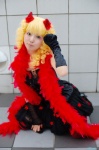 aice blonde_hair camisole cosplay elbow_gloves feather_boa fishnet_stockings gloves horns miniskirt original ruffles skirt striped thighhighs rating:Safe score:1 user:nil!