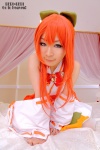 bed cosplay detached_sleeves geleemix hairbow halter_top hekii manaboshi_chizuru miko orange_hair pleated_skirt skirt rating:Safe score:0 user:nil!