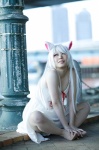animal_ears bakemonogatari cat_ears cosplay dress hanekawa_tsubasa mizuki_mao pantyhose sheer_legwear white_hair rating:Safe score:1 user:pixymisa