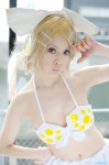 bikini_top blonde_hair cleavage cosplay hairbow hair_clips headset kagamine_rin microskirt project_diva skirt swimsuit vocaloid yuyu_kaname rating:Safe score:1 user:nil!