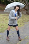 blouse braid cardigan kneesocks nanaka_amanonanae pleated_skirt rain scarf skirt umbrella rating:Safe score:0 user:pixymisa