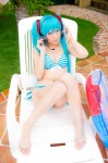 aqua_hair barefoot bikini cleavage cosplay hatsune_miku headset mashiro_yuki pool project_diva swimsuit twintails vocaloid rating:Safe score:1 user:nil!