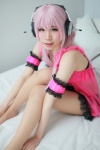 armbands babydoll bra cosplay headphones natsuwo nitro_super_sonic panties pantyhose pink_hair sheer_legwear super_soniko rating:Safe score:1 user:pixymisa