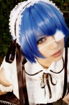 apron blue_hair cosplay eyepatch gloves handcuffs ikkitousen iori maid maid_uniform ryomou_shimei rating:Safe score:1 user:DarkSSA