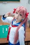 cosplay hair_ribbon haramura_nodoka kanda_midori pink_hair pleated_skirt sailor_uniform saki_(manga) school_uniform skirt twintails rating:Safe score:5 user:xkaras