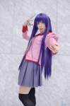 bakemonogatari blouse cosplay pleated_skirt purple_hair school_uniform senjougahara_hitagi skirt thighhighs yukimi_kanon zettai_ryouiki rating:Safe score:1 user:nil!