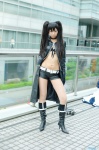 bikini_top black_rock_shooter black_rock_shooter_(world) boots choker cosplay gloves midriff necoco pantyhose shorts swimsuit trench_coat twintails rating:Safe score:4 user:nil!
