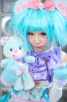 blue_hair bow cosplay detached_sleeves dress gloves hairbow himemiya_mahore plushie twinkle_candy_bear yum_yums rating:Safe score:0 user:pixymisa