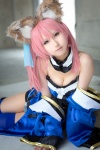 animal_ears caster cleavage collar cosplay detached_sleeves dress fate/extra fate/series fox_ears fox_tail pink_hair seri skirt_train thighhighs yellow_eyes zettai_ryouiki rating:Safe score:1 user:pixymisa