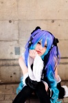 anti_the_infinite_holic_(vocaloid) blue_hair cosplay detached_sleeves dress hair_ribbons hatsune_miku headset kirimu thighhighs tiered_skirt twintails vocaloid zettai_ryouiki rating:Safe score:0 user:pixymisa