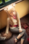 animal_ears blouse cosplay horo mouth_hold orange_hair rococo spice_and_wolf sweater tail trousers whistle_around_the_world wolf_ears rating:Safe score:5 user:nil!