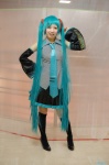 aqua_hair blouse cosplay detached_sleeves hatsune_miku mero pleated_skirt skirt thighhighs tie twintails vocaloid zettai_ryouiki rating:Safe score:0 user:nil!