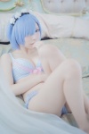 bed blue_hair bra cleavage cosplay fleia fleia_oni_ga_katteru? hairband panties rem_(re:zero) re:zero rating:Safe score:1 user:nil!