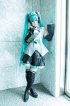 aqua_hair blouse cosplay detached_sleeves hatsune_miku headset hiroron pleated_skirt skirt thighhighs tie twintails vocaloid zettai_ryouiki rating:Safe score:1 user:nil!