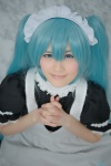 apron aqua_eyes aqua_hair cosplay hairband hatsune_miku maid maid_uniform popuri twintails vocaloid rating:Safe score:0 user:pixymisa