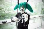 aqua_hair blazer blouse cosplay gloves hairbows handcuffs hatsune_miku kurage_uni mask ribbon_tie twintails vocaloid rating:Safe score:0 user:pixymisa