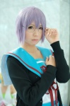 cardigan cosplay glasses nagato_yuki pleated_skirt purple_hair sailor_uniform sakuragi_mui school_uniform skirt suzumiya_haruhi_no_yuuutsu rating:Safe score:1 user:nil!