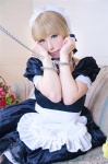 apron blonde_hair cosplay dress fate/series fate/stay_night hairband handcuffs kamui_arisa leash maid maid_uniform saber secret_party thighhighs rating:Safe score:0 user:nil!