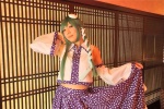 blouse cosplay detached_sleeves green_hair hanamura_misaki kochiya_sanae skirt skirt_lift touhou touhou_kinbauchou rating:Safe score:0 user:nil!
