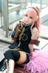 boots cosplay detached_sleeves headset megurine_luka pink_hair pom_poms skirt sleeveless_blouse thighhighs vocaloid yuu rating:Safe score:4 user:nil!