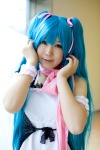 aqua_hair aro cardigan cosplay dress hair_ribbons hatsune_miku monochro_blue_sky_(vocaloid) scarf twintails vocaloid rating:Safe score:0 user:nil!