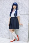 blouse blue_hair cosplay furude_rika higurashi_no_naku_koro_ni kneehighs mimi_(ii) pleated_skirt school_uniform skirt suspenders rating:Safe score:0 user:nil!