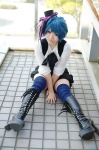 blouse blue_hair boots cosplay original saori shorts striped thighhighs top_hat vest rating:Safe score:1 user:nil!