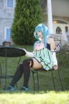 aqua_hair bare_shoulders bows colorful_x_melody_(vocaloid) cosplay detached_sleeves dress ear_muffs garters hair_scrunchies hatsune_miku miniskirt muu project_diva skirt thighhighs twintails vocaloid zettai_ryouiki rating:Safe score:3 user:pixymisa