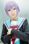 cardigan cosplay glasses looking_over_glasses mau nagato_yuki pleated_skirt purple_hair school_uniform skirt suzumiya_haruhi_no_yuuutsu rating:Safe score:0 user:pixymisa