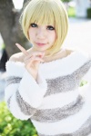 blonde_hair blue_eyes cosplay idolmaster idolmaster_cinderella_girls miyamoto_frederica riyo striped sweater rating:Safe score:0 user:pixymisa