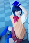 blouse blue_hair boots cosplay eyepatch gloves ikkitousen mikiko pleated_skirt ryomou_shimei school_uniform skirt sweater_vest thighhighs rating:Safe score:1 user:Log